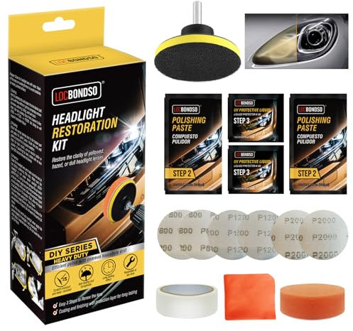 LOCBONDSO Scheinwerfer Aufbereitung Set Universal-Auto-Polierkit | Für matt-blinde Kunststoffscheinwerfer | Schnellpolieren in 15 Minuten ohne Kratzer | Mit Polierpaste, Schwamm & Aufsätzen