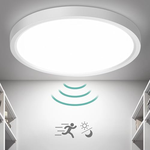 Oraymin LED Plafon Techo con Sensor de Movimiento, 18W 1800LM Lampara Techo con Sensor Crepuscular Interior, 4000K Luz Techo para Garaje Recibidor Pasillo Escaleras Garaje Cocina, Ø23×2.4cm