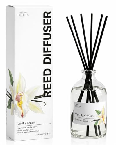 BITSOTA Reed Diffuser Set for Bathroom & Home, Long Lasting Essential Oil Aroma, Glass Bottle Home Fragrance with Sticks, Ideal Gift for Woman, 3.52oz (100ml) (Vanilla Cream)