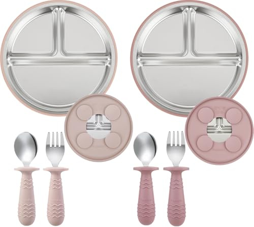 PandaEar 2er-Set Edelstahl Baby Teller mit Saugnapf & 2er-Set Babybesteck – Geteilte Kinderteller mit Löffel und Gabel, BPA-frei, Rutschfestes Baby Geschirrset für Beikosteinführung