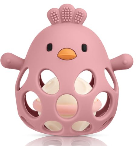 HOTUT Sonaglio Silicone Neonato,Palla Sonaglio per Bambini Femmina Maschio per Neonati, Palla a Presa per Bambini, Senza BPA - Rosso Scuro