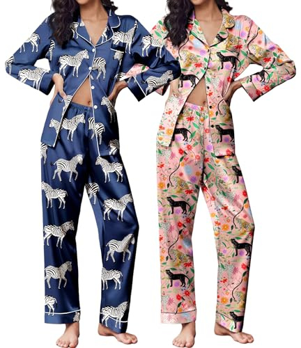 Ekouaer 2 Pack Satin Pajamas Set for Women Classic Button Down Silk Pjs Set Soft Sleepwear,Pink Tiger/Navy Zebra,Medium