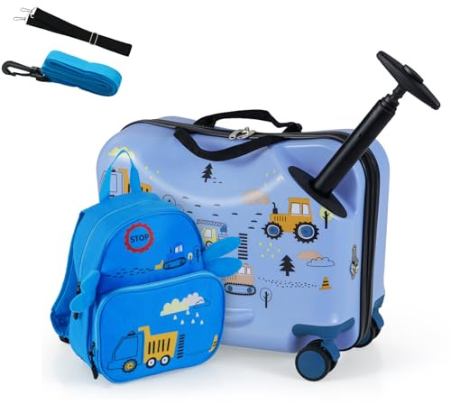 DREAMADE Kinderkoffer zum Draufsitzen, 2 TLG. Kinderkoffer mit Rucksack, Kindergepäck Trolley zum Reisen, Reisetrolley Kinder Trolley Set (18 Zoll +12 Zoll,Blau-Bagger)