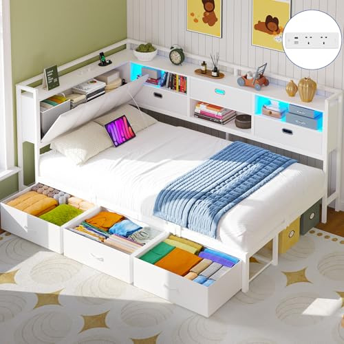 Brinlawb 3ft White Single Bed Frame with 6 Storage Drawers, Charging Station(2AC Ports 2USB Ports) LED Lights, Single Daybed, Upholstered Headboard with Inner Storage, Sofa Bed Single Bed with Storage