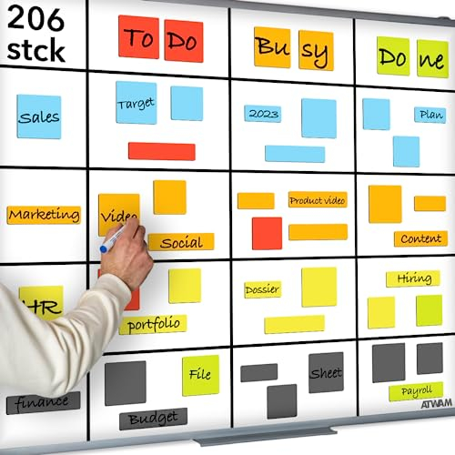 ATWAM 206 Magnetstreifen Beschreibbar Mega Set - Verschiedene Größen - 6 Farben - Scrum & Kanban - Beschreibbare Magnete - Für Whiteboard, Magnettafel, Magnetwand & Kühlschrank