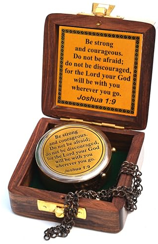 Be Strong and Courageous (Joshua 1:9) Brass Compass with wooden Box-Engraved Scripture Prayer Compass Religious Gift for Men & Women - Baptism, Confirmation, Communion Compass for Boys Graduation Gift