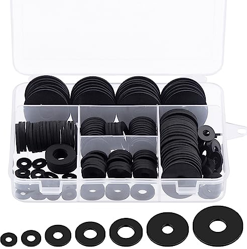 Glarks Kit di 175 rondelle piatte in gomma assortite, 7 misure, 10/12/16/18/20/25/30 mm, rondelle piatte e rotonde per idraulici, rondelle in gomma nera resistenti per smorzamento delle vibrazioni per