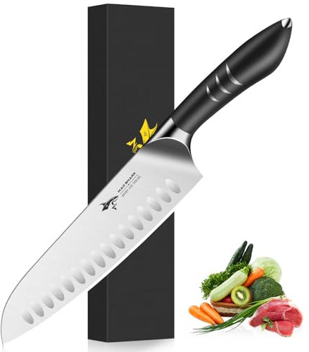 MAD SHARK Couteau Santoku 20 cm - Couteau de Cuisine Japonais en Acier Allemand au Carbone - Lame Ultra-Tranchante, Manche Ergonomique - Idéal pour Viande et Légumes
