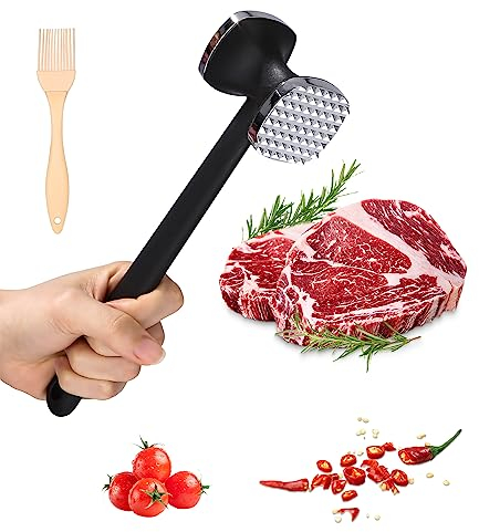 Jissta Attendrisseur de Viande,Attendrisseur à escalope antiadhésif Double Face,Marteau à Viande, Marteau à Steak,Marteau à attendrir avec Manche antidérapant pour Steak,Poulet,côtelettes,argenté