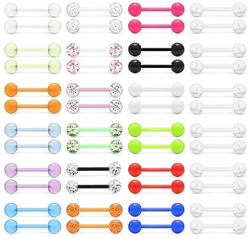 Colexy 48 Pezzi Barre per Capezzoli Lingua Acrilica, Barre per Linguetta in Plastica, Tongue Piercing Tongue Barbells, Set 16mm 14G Anelli Linguetta per Piercing Flessibili Bioflex con Fermi