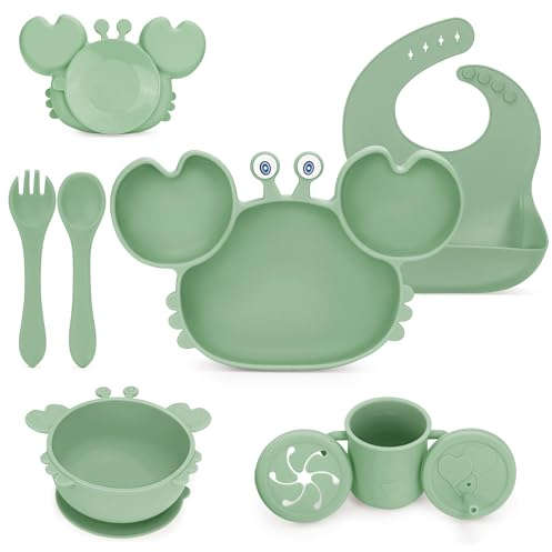 MOJINL Silikon Baby Geschirrset mit Saugnapf, BPA Frei Kindergeschirr Set,8 Stück Baby Besteck Set mit Baby Teller Löffel Gabel Schüssel Lätzchen Snack Becher Trinklernbecher für Baby Mädchen Junge
