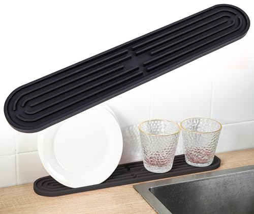 xiruiubao Tapis Égouttoir Étroits, Bande Tapis de Bar en Silicone, Antidérapant Tapis de Séchage pour Vaisselle Tasses Bouteilles Planches à Découper, Organisateur d'évier, 43 x 7,5 x 1 cm, Noir