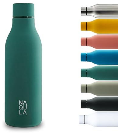 NAQULA® Thermosflasche Edelstahl 500ml. BPA Frei. Auslaufsicher. Modern. Stilvolle Trinkflasche. Minimalistische Wasserflasche. Geeignete Flasche für Büro, Sport, Schule. Grün (midnight green).