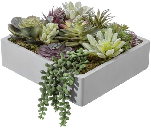 MyGift 8 Inch Square Modern Artificial Succulent Arrangement Potted in Gray Concrete Plant Bowl, Assorted Faux Mini Succulents in a Decorative Planter Pot