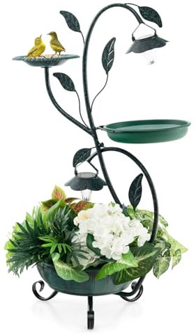 GYMAX 83 CM Fontana per Uccelli con 2 Luci LED Solari, Mangiatoia per Uccelli Vintage con Base per Fioriera, Telaio Metallico Robusto, Fontana Ornamentale per Giardino