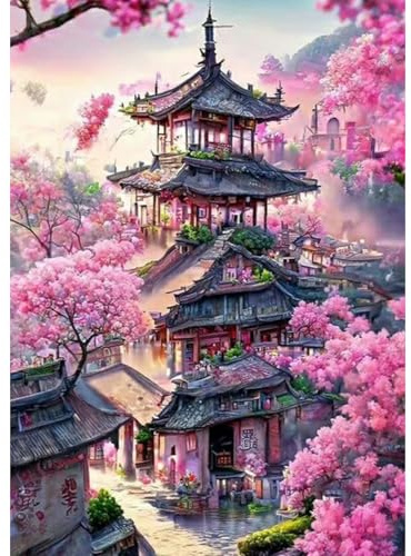 DAERLE Paesaggio con fiori di ciliegio Pittura Diamante Fai Da Te, 5D Diamond Painting Kit Completo per Adulti, Diamant Painting Paesaggio floreale del tempio, Decorazioni per Casa 30x40cm