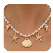 Guld sjöstjärna snäcka oval pärla snäckskal halsband för kvinnor trendiga, uttalande boho skal pärlor pärlor kedja halsband semester strand fest smycken