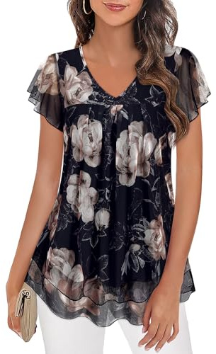 Syphiby Womens Tops V Neck Ladies Top Ruffle Short Sleeve Blouses Flowy Mesh Tunic Tops Casual T Shirt