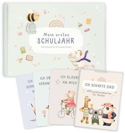 mintkind Einschulungsbundle Kinder ab 5 – Affirmationskarten DIN A7 & Schuljahrbuch Salbei DIN A5 – Erinnerungsbuch Mein erstes Schuljahr – Achtsamkeit & Mut zur Einschulung