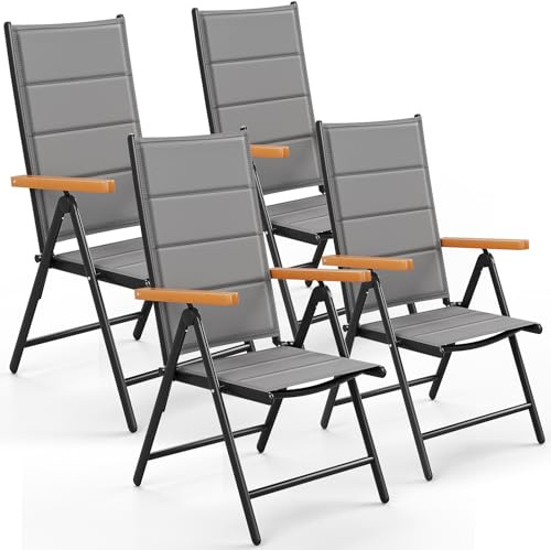 LIFERUN Trädgårdsstolar, hopfällbar med hög rygg, uppsättning om 4 aluminiumbalkongstol, WPC-armstöd, med quiltat ryggstöd och sits, 7-vägs justerbar, upp till 120 kg, utomhusmatrumsstol, grå, 4 st