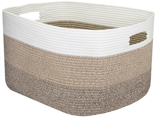 HMF XXL Cesto portabiancheria in cotone, cesto contenitore angolare con manici | 55 x 43 x 30 cm | Bianco-Marrone