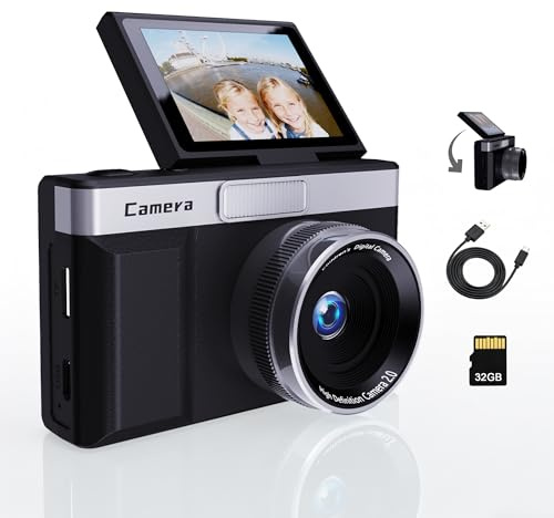 Appareil Photo Numérique Noir avec Écran LCD Rotatif 2, 1080P Appareil Photo Compact Portable, Zoom 8X, Carte SD 32GB Incluse, Idéal pour Enfants, Vlogging, Adolescents et Débutants