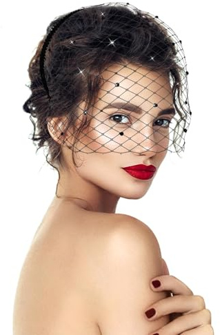 Velo negro diadema para mujer, tocado vintage con velo de malla tipo casquete, tocados de invitada con redecilla para fiesta, evento, Tocado Vintage de los Diadema sAños 20 para Bodas (Negro)