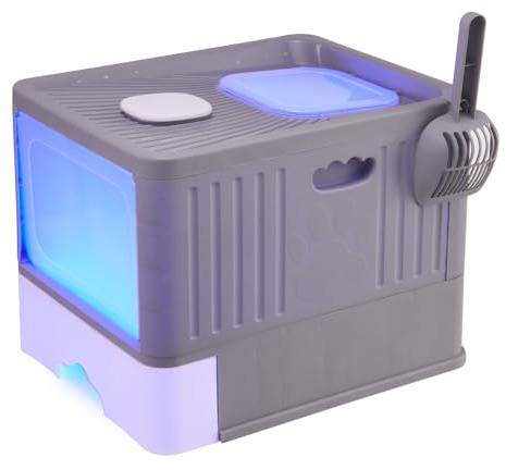 The Fellie Cat Litter Tray with UV Sterilization, Large Cat Litter Box with Dual-Door Design, Kitten Litter Tray Top with Lid, Slide-Out Drawer&Scoop, Odor Control, Easy Cleaning,Grey
