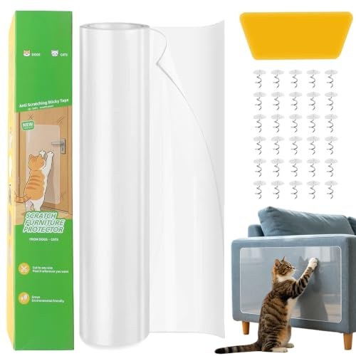 Klosskydd Katt 30cm x 5m, Transparent Självhäftande Repskyddande Film för Soffa, Dörr och Vägg, Möbelskydd för Katter och Hundar, Inklusive Skrapa och 30 Fästspikar