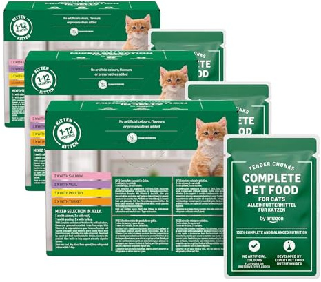 by Amazon Alimento completo per cuccioli di gatto, Selezione mista in gelatina, 1.2kg (12 sacchetti da 100g) (Confezione da 3)
