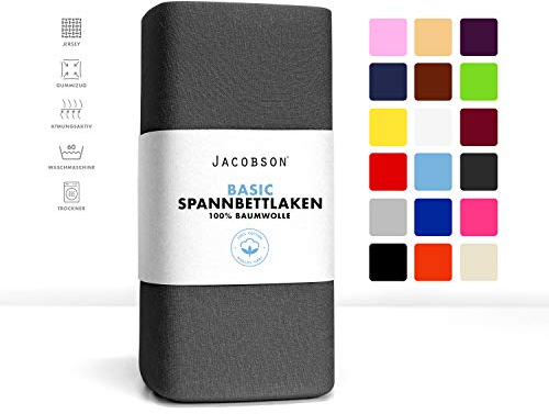 Jacobson Jersey Spannbettlaken Spannbetttuch Baumwolle Bettlaken (Topper 140-160x200 cm, Anthrazit)