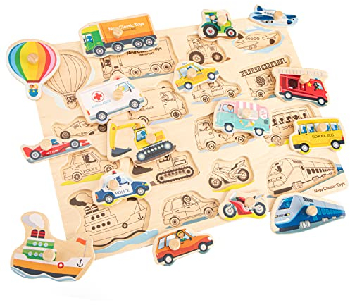 New Classic Toys 10442 Peg Puzzle-Transport-16 Pieces-FSC 100%-Certified Wood
