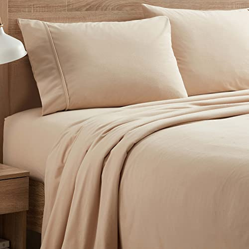 Sweet Home Collection Lenzuola di flanella calda e accogliente con tasca profonda traspirante per tutte le stagioni, set di biancheria da letto con montatura, piatta e federa, regina, beige