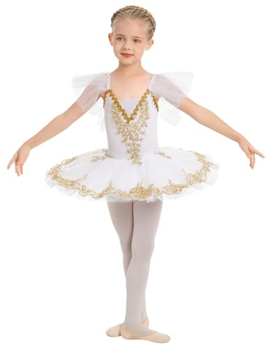 IWEMEK Robe de Ballet Fille Tenue Danse Classique avec Tutu Tulle Plateau Lac des Cygnes Justaucorps Broderies Perles Enfant Ballerina Princesse Costume Danseuse Manches à Volants Blanc 7-8 Ans