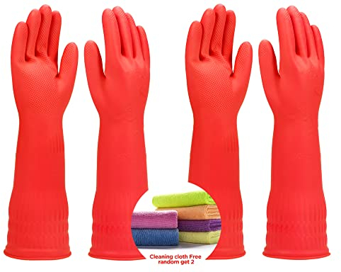 Lot de 2 paires de gants de nettoyage en caoutchouc doublés, gants longs avec doublure en coton pour la cuisine et la maison - Réutilisables - Taille L