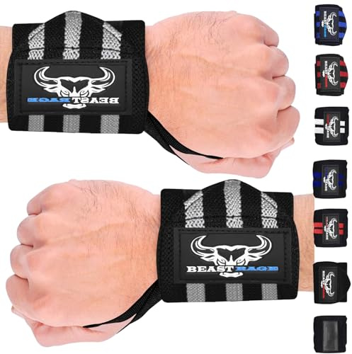 BEAST RAGE Handgelenk Bandagen (Gym Wrist Wraps) Kraftsport Handgelenkstütze Gelenkbandage Schlaufen Krafttraining Workouts Übungen (schwarz/grau)