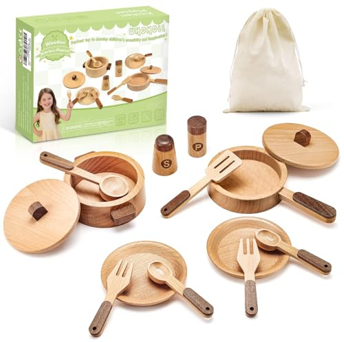 WHOHOLL Wooden Play Cooking Set with Plates and Dishes, Kitchen Toys for Kids 3 4 5 6, Montessori Play Kitchen Accessories Including Pots and Pans, Christmas Birthday Gifts for Girls Boys