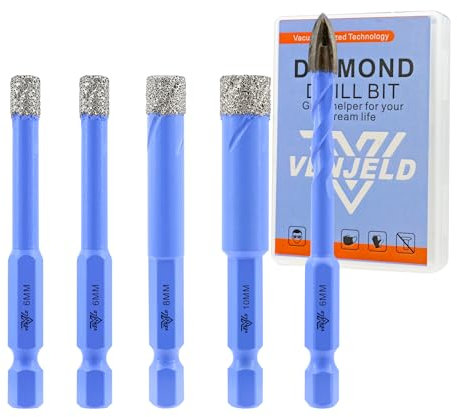 Juego de Brocas Diamante Seco - 4 Piezas 6/6/8/10mm Corona Diamante y 6mm Broca de Carburo para Baldosas de Porcelana Cerámica Mármol Granito - Vástago Hexagonal de Cambio Rápido con Estuche VENJELD