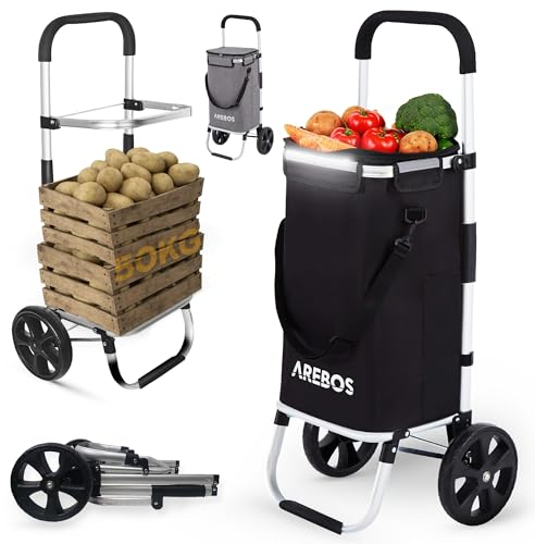 Arebos Chariot de Courses 3 en 1 avec Compartiment Isotherme intégré | 56L | Sac de Courses Pliable | Poignée réglable | Chariot de Courses avec roulettes pour escaliers | Sac Amovible | Noir