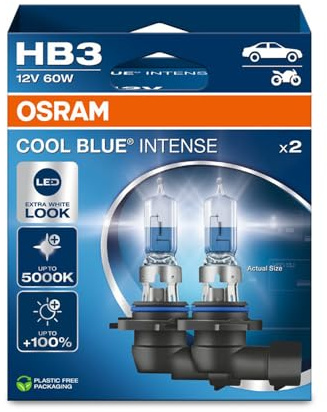 Osram COOL BLUE® INTENSE HB3, +100% more brightness, up to 5,000K, halogen headlight lamp, LED look, Hanging folding box (2 lamps)