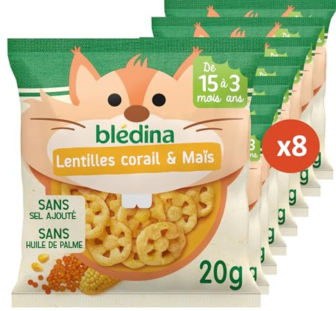BLÉDINA - Crousti à Dévorer - Maïs et lentilles Corail - Sans Gluten et Sans Sel Ajouté - dès 15 Mois - 8 x 20 g