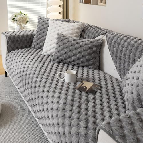 Flannel Couch Cover Washable, Non Slip Sofa Cover for 4 Seater(90x210cm) | Fuzzy Sofa Protectors from Pets, Plush Warm Sectional Sofa Covers, Corner Sofa Slipcovers, Settee Cover for dog(Light Grey)
