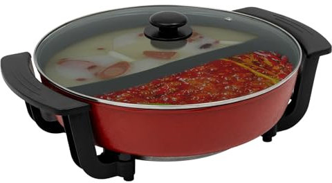Hot Pot - Poêle wok électrique avec séparateur - Casserole de cuisine anti-adhésive - Facile à nettoyer - Chauffage rapide - Pour la maison, le bureau, le dortoir - Rouge