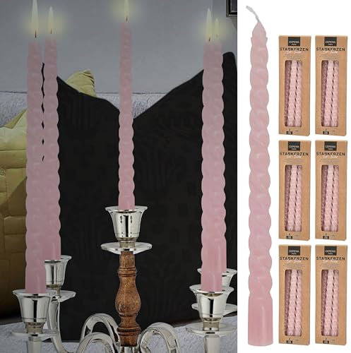 Stabkerze 'Twisted' 24er Set | H20cm rosa Paraffin | Kerze gedreht | Wachskerze Spiralkerze für Kerzenständer (1 x 24er Set Stabkerzen rosa)