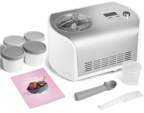SPRINGLANE Eismaschine Elli 1,2 L mit selbstkühlendem Kompressor 135 W, Eiscrememaschine aus Edelstahl mit entnehmbarem Eisbehälter, inkl. Rezeptheft (Eismaschine+ 4 Eisbehälter Mini 400ml Grau)