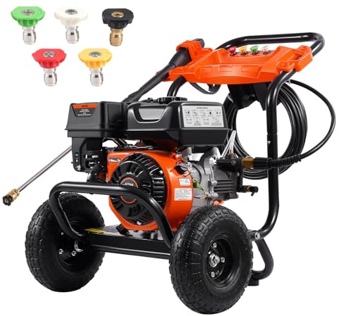 VEVOR Gas Pressure Washer, 3500 PSI 2.6 GPM, Gas Powered Pressure Washer with Aluminum Pump, Spray Gun and Extension Wand, 5 Nozzle Set, for Cars, Fences, Homes, Driveways, Patios Furniture Horizontal