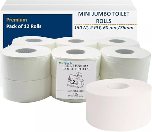 Mini Jumbo Toilet Rolls, 2ply Soft Commercial Toilet Rolls Pack of 12, Toilet Paper 150M 2 & 3 Core (76mm Core)