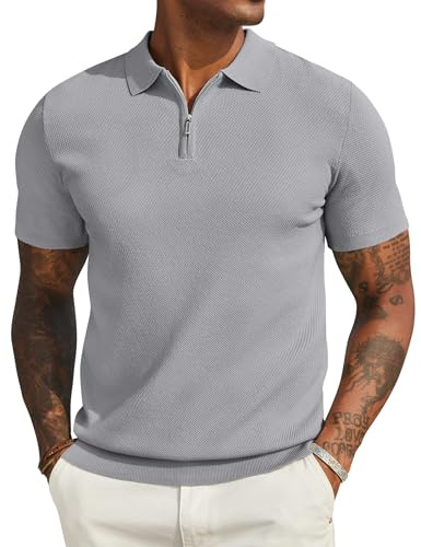 COOFANDY Polo Shirts for Men Adult Zipper Golf Polo Shirts Mens UK Short Sleeve Knit Men's Polo Shirt Top Grey XL