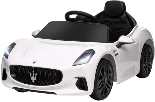 AIYAPLAY Coche Eléctrico para Niños de +3 Años Maserati Gran Turismo Folgore 2 Motores Potentes Coche Eléctrico con Batería 12V Mando a Distancia 2,4G Ruedas Auxiliares Faros Bocina y MP3 Blanco
