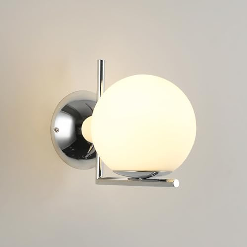 BARCELONA LED Aplique de Pared ATOM Bola de Cristal Blanco Ø15cm E27, Lámpara de Pared Pequeña con Soporte L Cromo de Aluminio, Estilo Clásico Moderno Vintage Iluminación Interior Decorativa